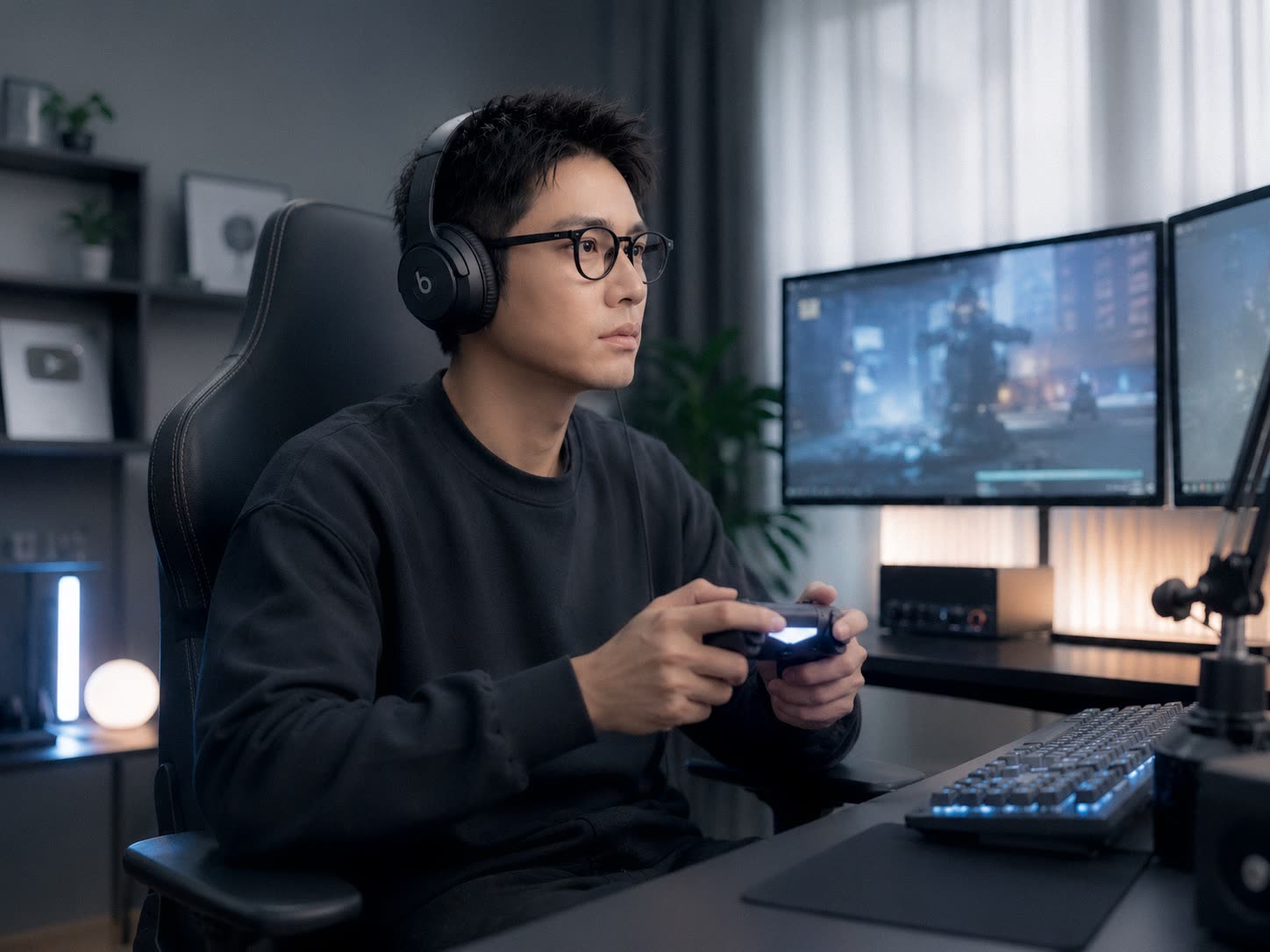 自室でコントローラーを手にゲームをプレイするメガネの男性
