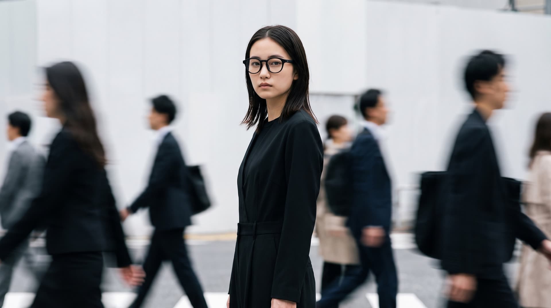 交差点の人混みの中で立ち止まるメガネの女性